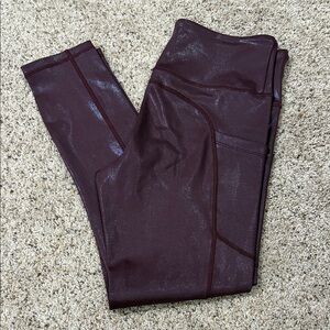 High-Waist Metallic Maroon Leggings with Side Pocket EUC Size 8-10